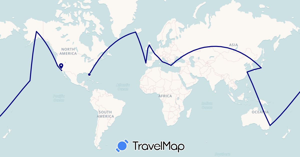 TravelMap itinerary: driving in Australia, China, France, United Kingdom, Greece, Ireland, Iceland, Italy, Japan, Portugal, United States (Asia, Europe, North America, Oceania)